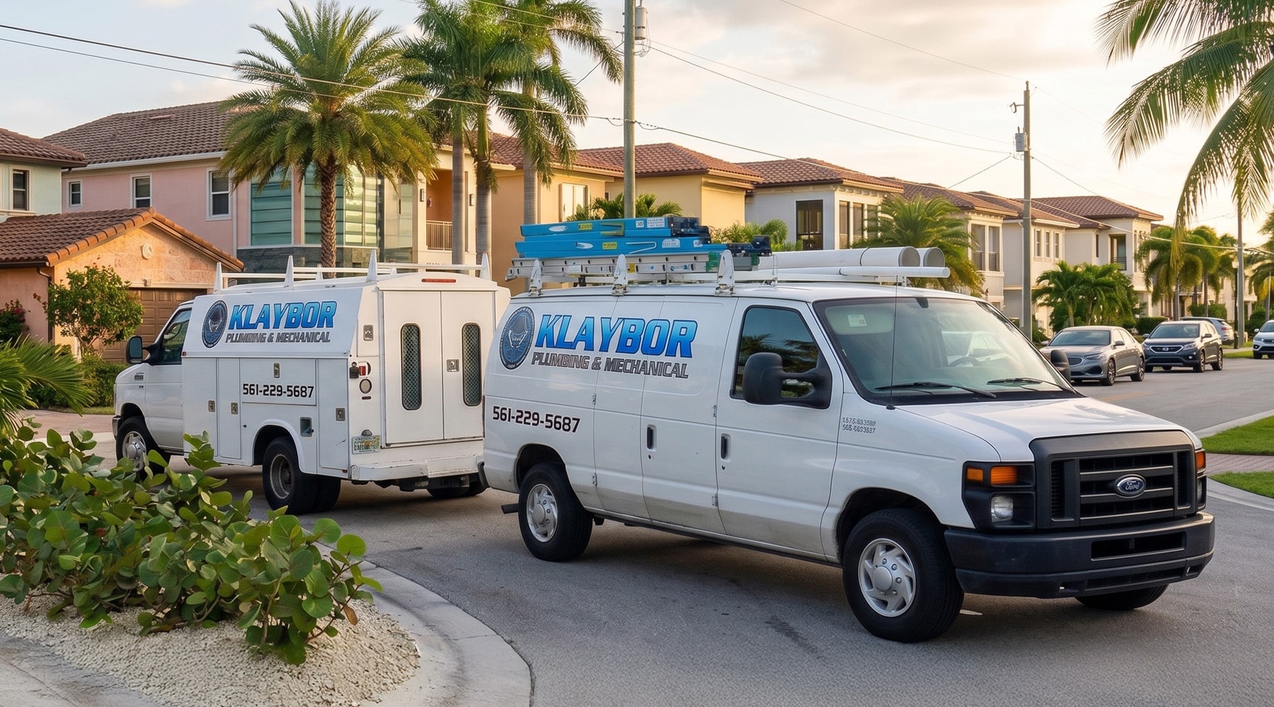 wo Klaybor Plumbing service vehicles parked in a South Florida residential neighborhood