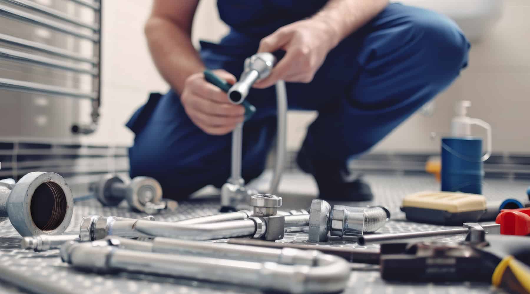 A plumber in blue uniform crouching on a bathroom floor assembling metal pipe fittings and connectors surrounded by plumbing tools and supplies