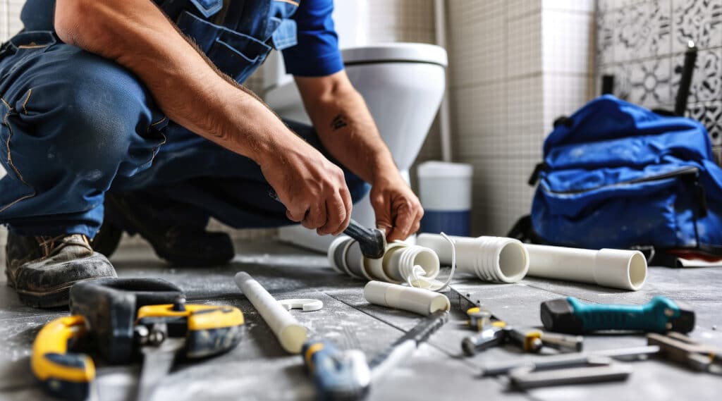 A plumber in blue overalls kneeling on a bathroom floor assembling white PVC pipes with various tools scattered around, a toilet and blue tool bag visible in the background.