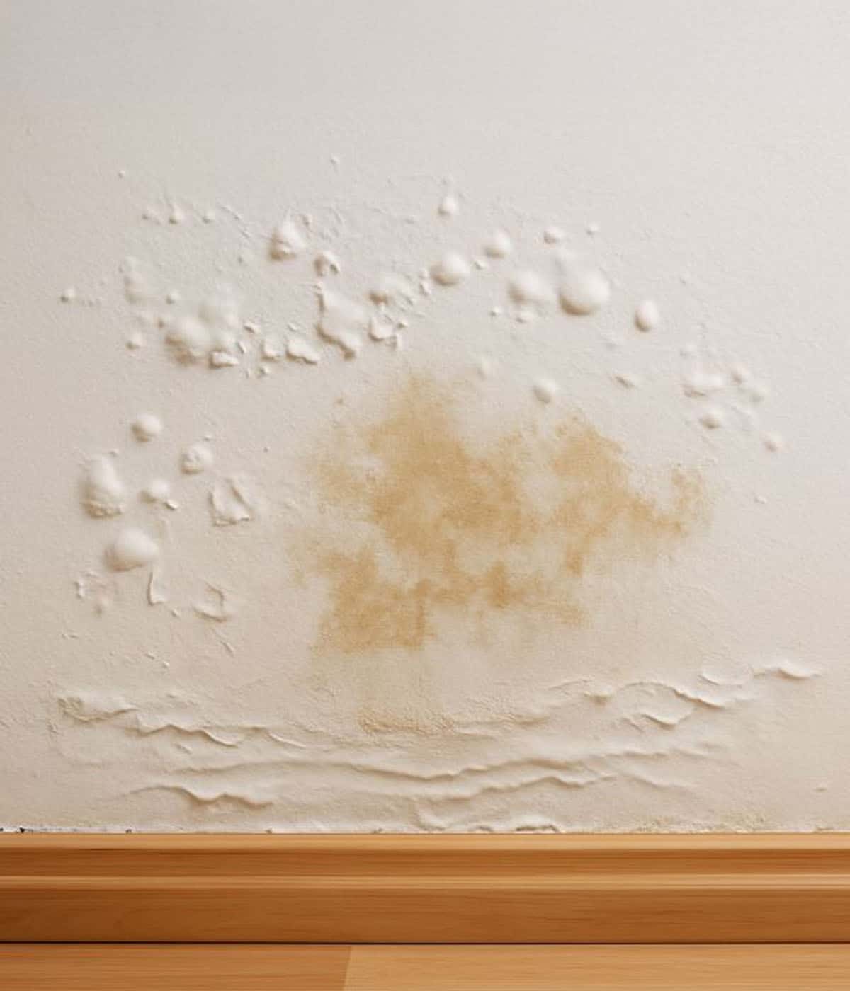 Water damage on a white interior wall showing brown staining, bubbling paint, and peeling caused by a water leak, above a wooden baseboard.